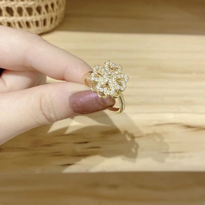 14K Gold-Plated Rotatable Diamond Four-Leaf Clover Heart Rings