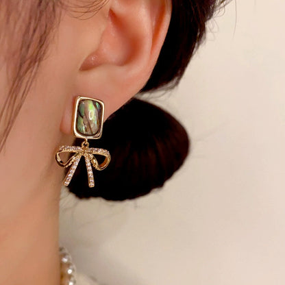 14K Gold-Plated Square Colored Shell Zircon Bow Earrings