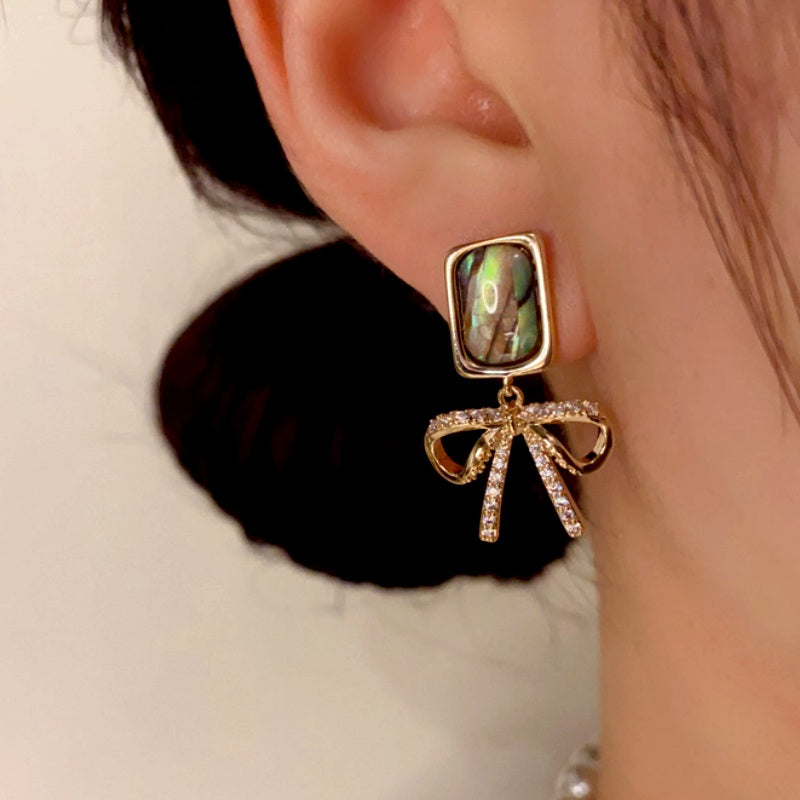 14K Gold-Plated Square Colored Shell Zircon Bow Earrings