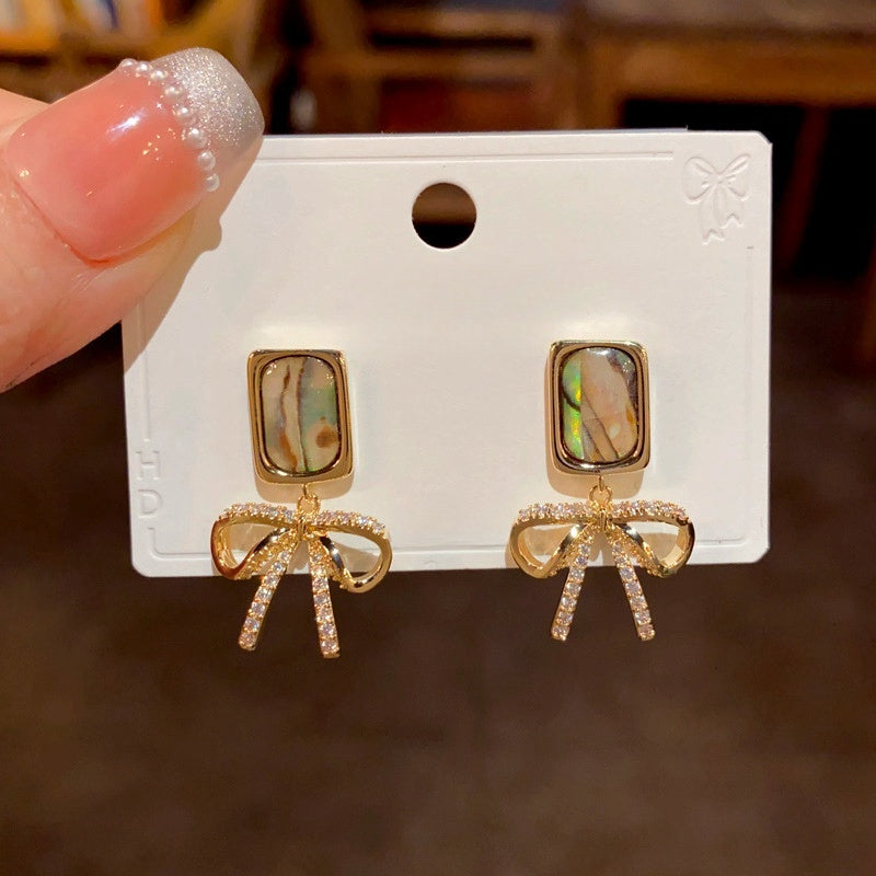 14K Gold-Plated Square Colored Shell Zircon Bow Earrings