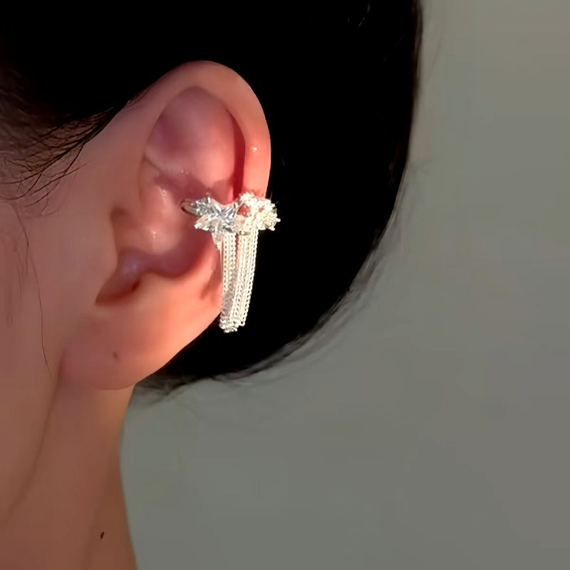 14K Gold-Plated Star Diamond Tassel Ear Clips ( 1 Pair )