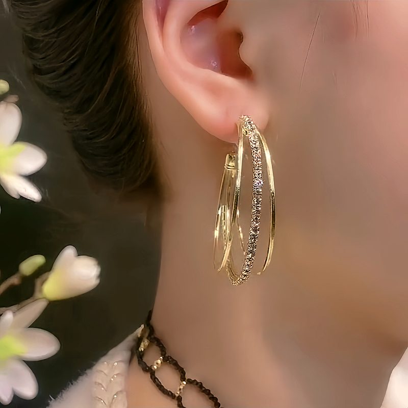14K Gold-Plated Three-Layer Diamond Hoop Earrings