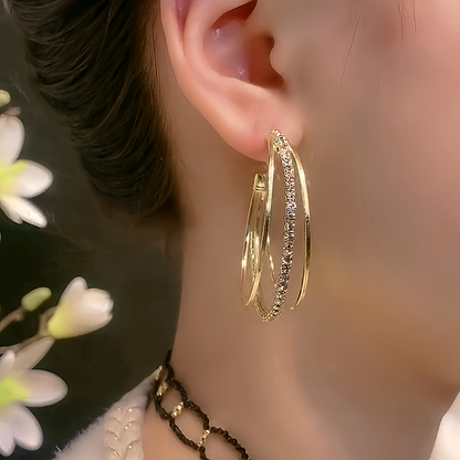 14K Gold-Plated Three-Layer Diamond Hoop Earrings