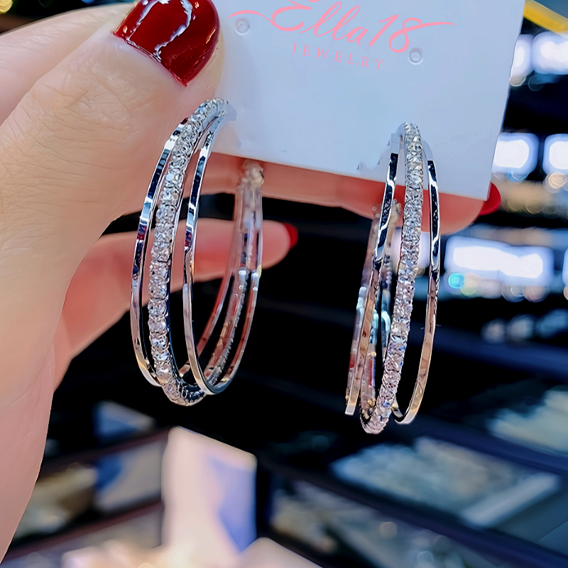 14K Gold-Plated Three-Layer Diamond Hoop Earrings