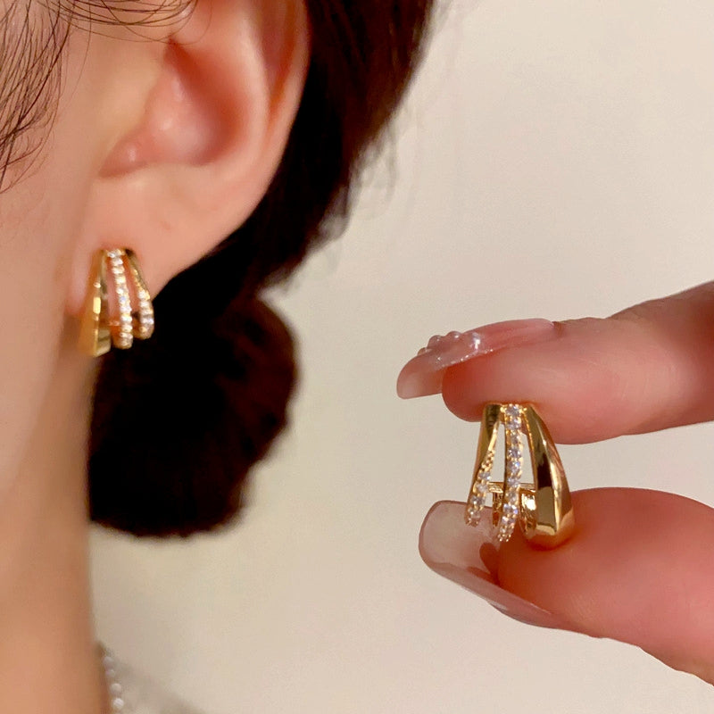 14K Gold-Plated Three-Layer Zircon Earrings