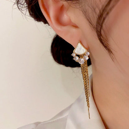 14K Gold-Plated Triangular Zircon Tassel Earrings