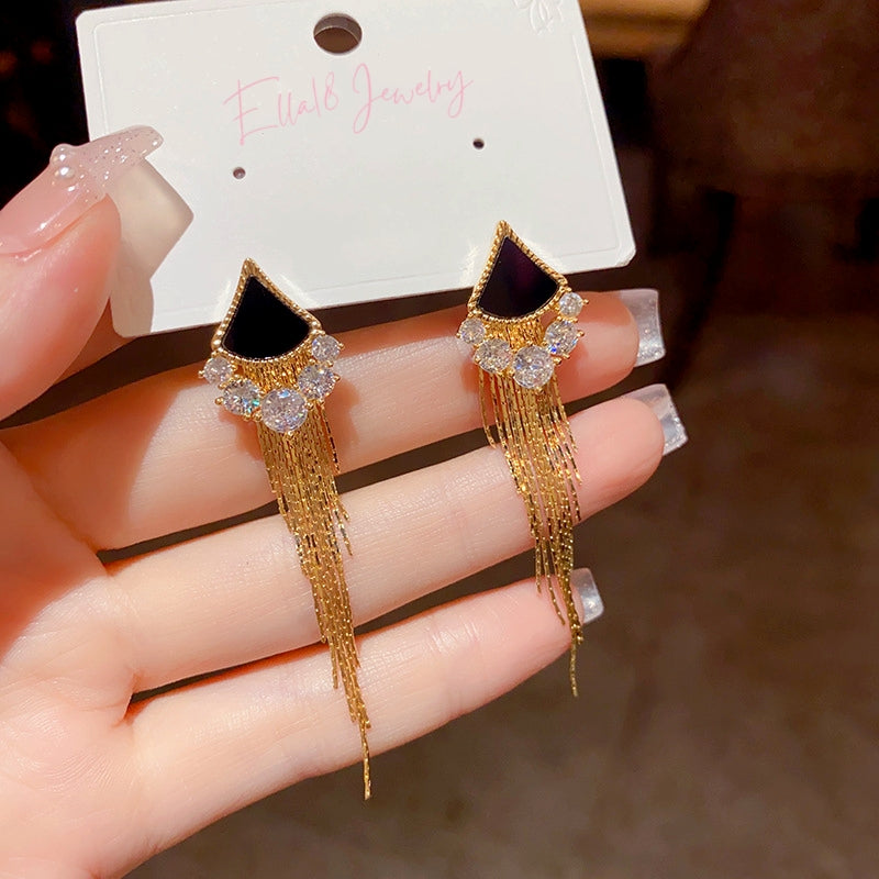 14K Gold-Plated Triangular Zircon Tassel Earrings