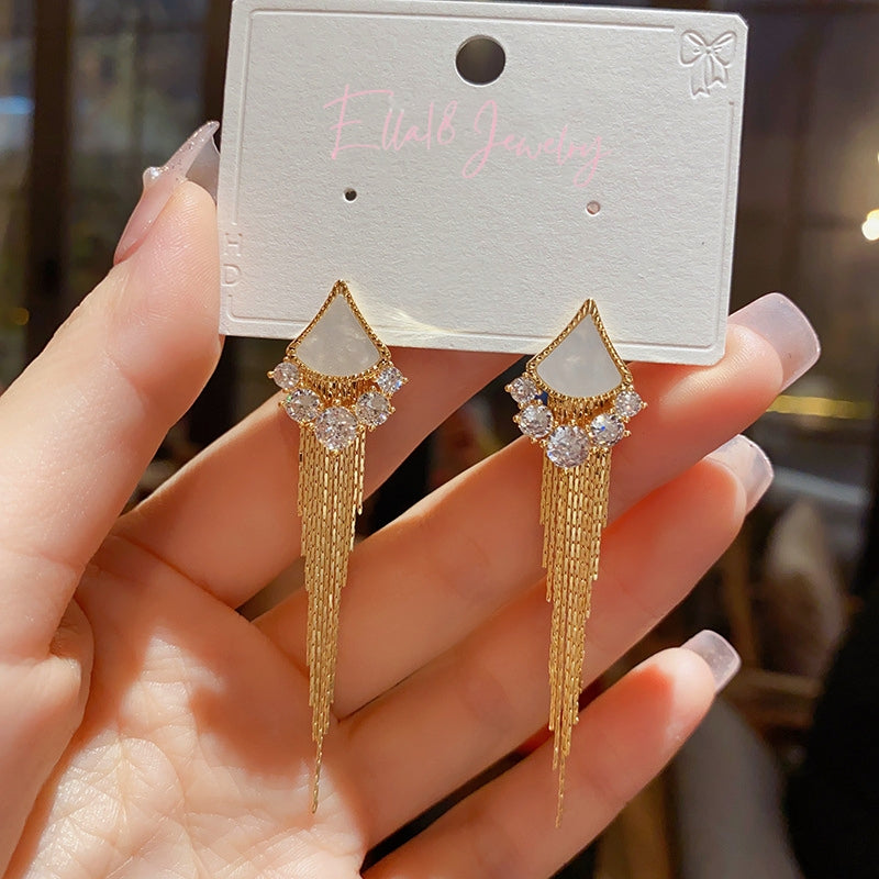 14K Gold-Plated Triangular Zircon Tassel Earrings