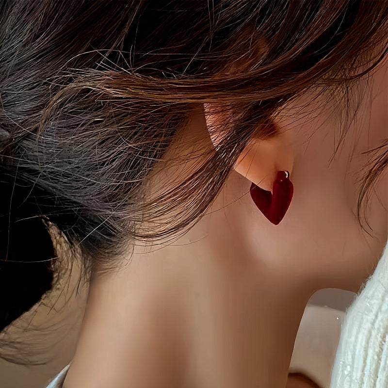 14K Gold-Plated Wine Red Velvet Flocking Heart Earrings