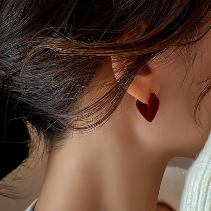 14K Gold-Plated Wine Red Velvet Flocking Heart Earrings