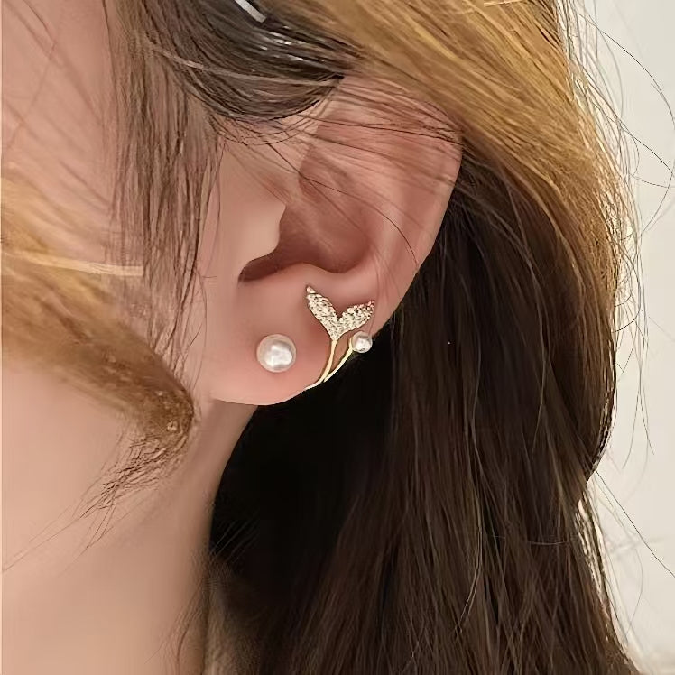 14K Gold-Plated Zircon Artificial Pearl Fishtail Earrings