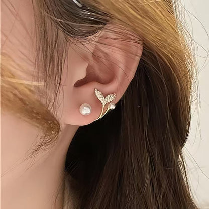 14K Gold-Plated Zircon Artificial Pearl Fishtail Earrings