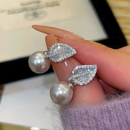14K Gold-Plated Zircon Bead Leaf Earrings