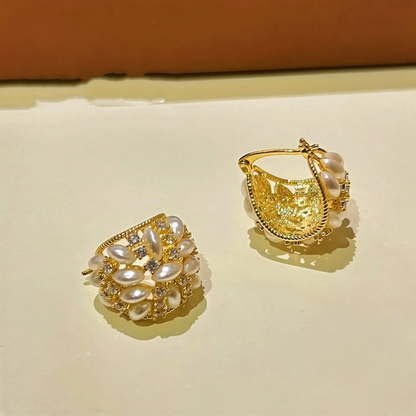 14K Gold-Plated Zircon Beaded Flower Basket Earrings