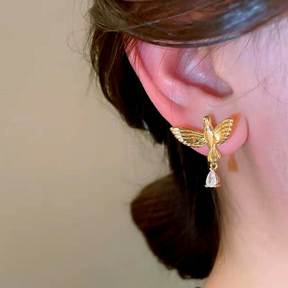 14K Gold-Plated Zircon Bird Earrings