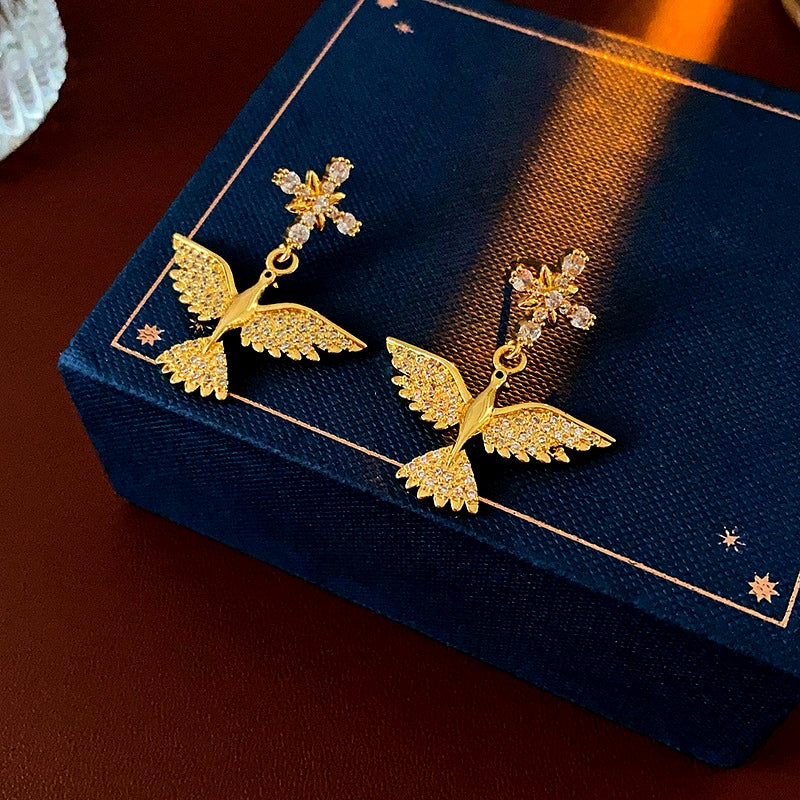 14K Gold-Plated Zircon Bird Earrings