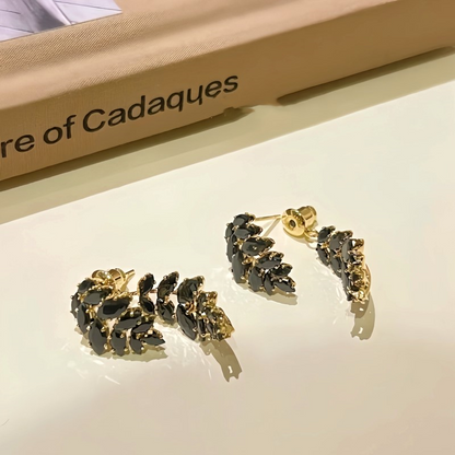 14K Gold-Plated Zircon Black Leaf Earrings
