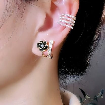 14K Gold-Plated Zircon Black Rose Elegant Studs