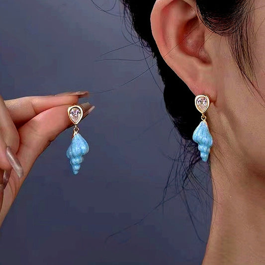 14K Gold-Plated Zircon Blue Ocean Conch Earrings