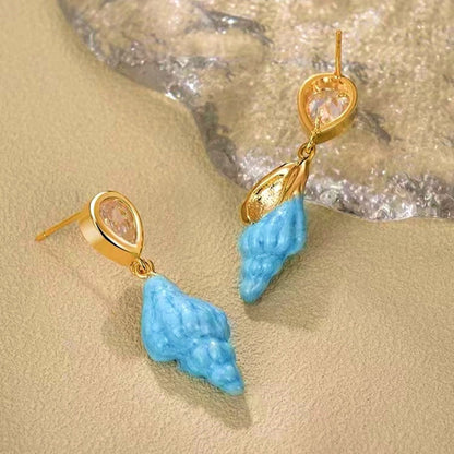 14K Gold-Plated Zircon Blue Ocean Conch Earrings