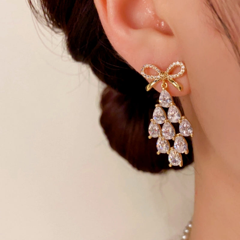 14K Gold-Plated Zircon Bow Drop Earrings