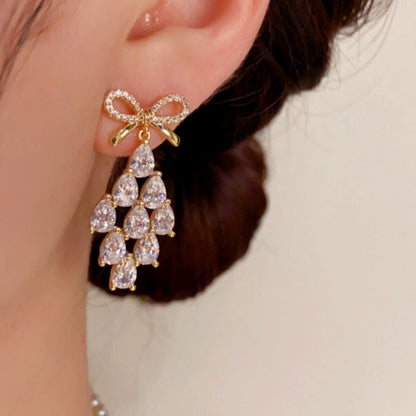 14K Gold-Plated Zircon Bow Drop Earrings