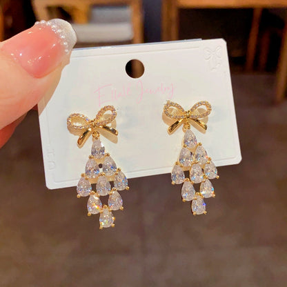 14K Gold-Plated Zircon Bow Drop Earrings
