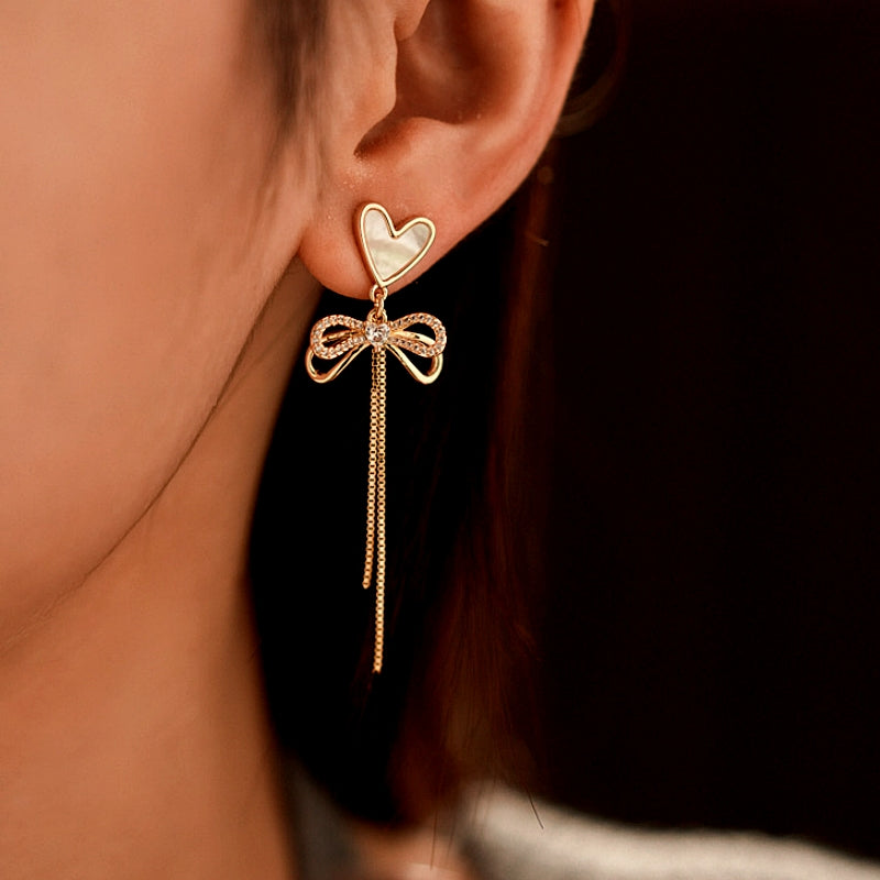 14K Gold-Plated Zircon Bow Heart-Design Tassel Earrings