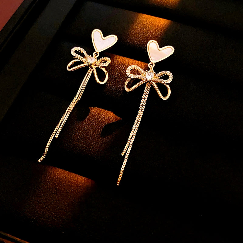 14K Gold-Plated Zircon Bow Heart-Design Tassel Earrings