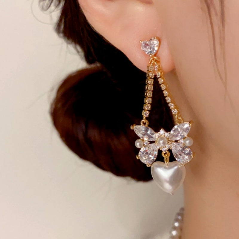 14K Gold-Plated Zircon Bow Heart Pearl Earrings