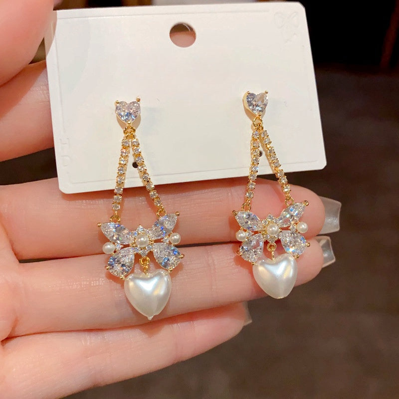 14K Gold-Plated Zircon Bow Heart Pearl Earrings