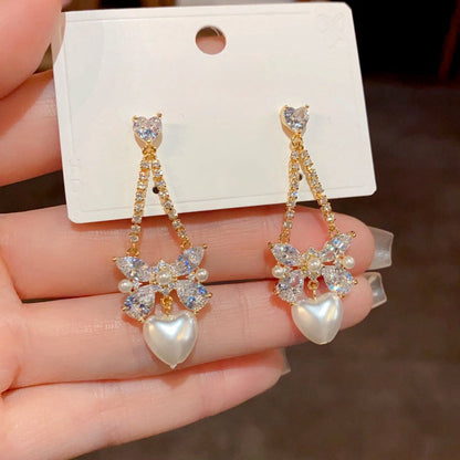 14K Gold-Plated Zircon Bow Heart Pearl Earrings