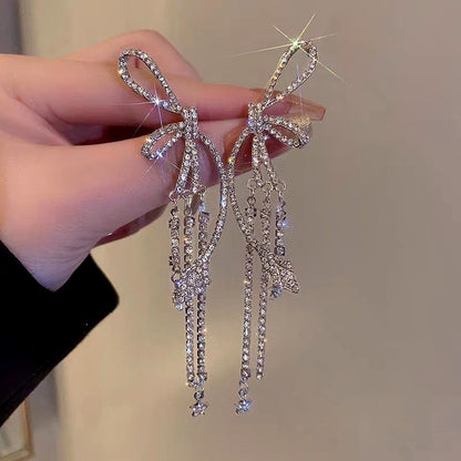 14K Gold-Plated Zircon Bow Tassel Earrings