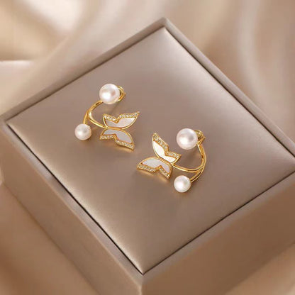 14K Gold-Plated Zircon Butterfly Pearl Earrings