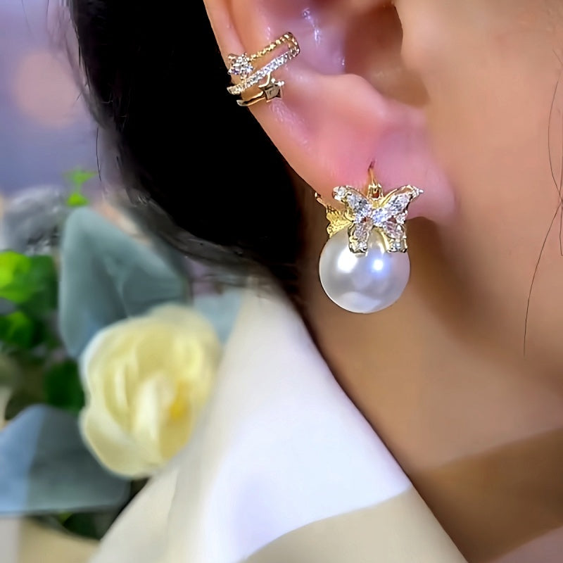 14K Gold-Plated Zircon Butterfly Pearl Earrings
