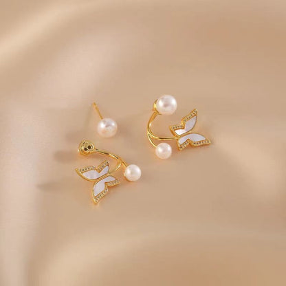 14K Gold-Plated Zircon Butterfly Pearl Earrings