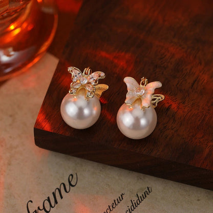 14K Gold-Plated Zircon Butterfly Pearl Earrings