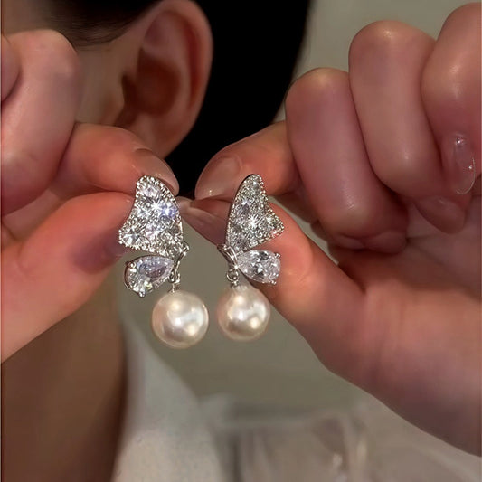 14K Gold-Plated Zircon Butterfly Pearl Earrings