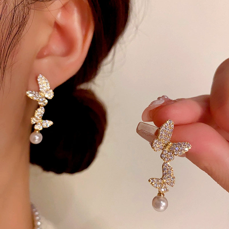 14K Gold-Plated Zircon Butterfly Pearl Tassel Earrings
