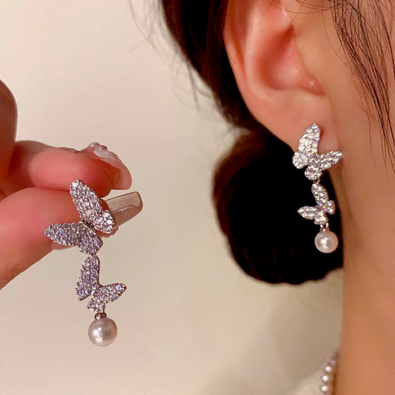 14K Gold-Plated Zircon Butterfly Pearl Tassel Earrings