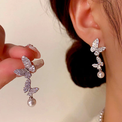 14K Gold-Plated Zircon Butterfly Pearl Tassel Earrings