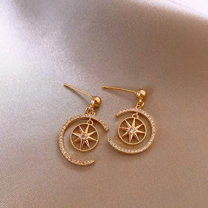 14K Gold-Plated Zircon C-Shaped Star Earrings
