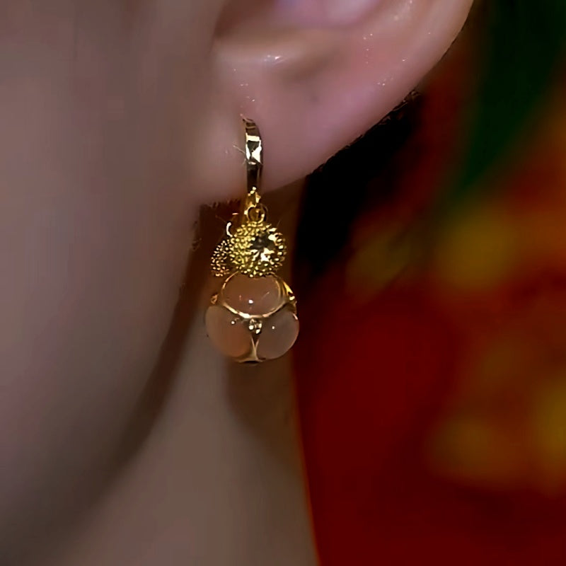 14K Gold-Plated Zircon Cat's Eye Champagne Diamond Ball Durian Earrings