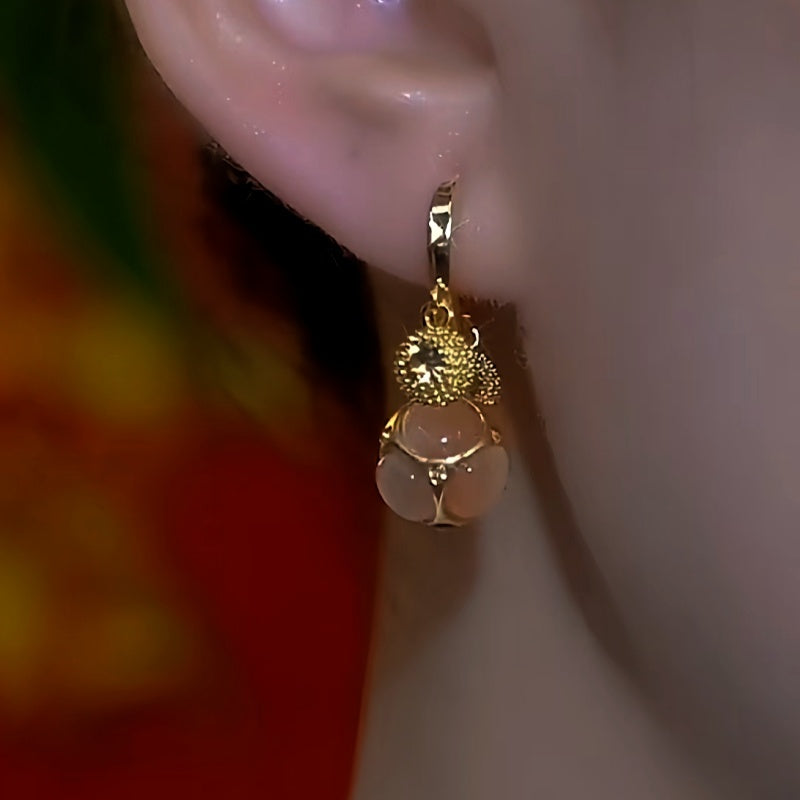 14K Gold-Plated Zircon Cat's Eye Champagne Diamond Ball Durian Earrings