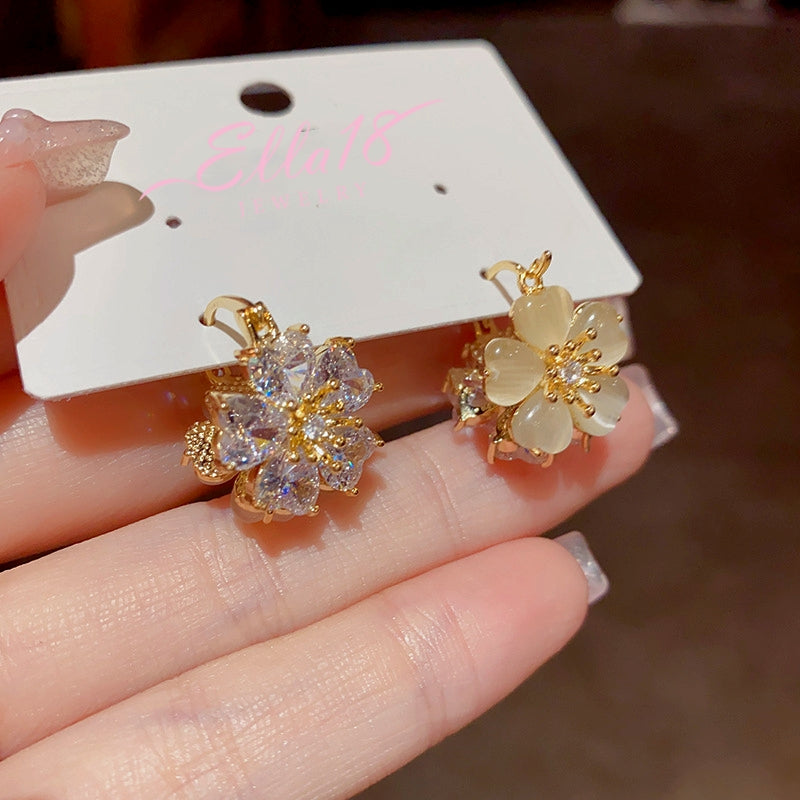 14K Gold-Plated Zircon Cat's Eye Double-Sided Flower Earrings