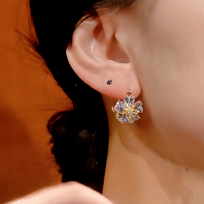 14K Gold-Plated Zircon Cat's Eye Double-Sided Flower Earrings