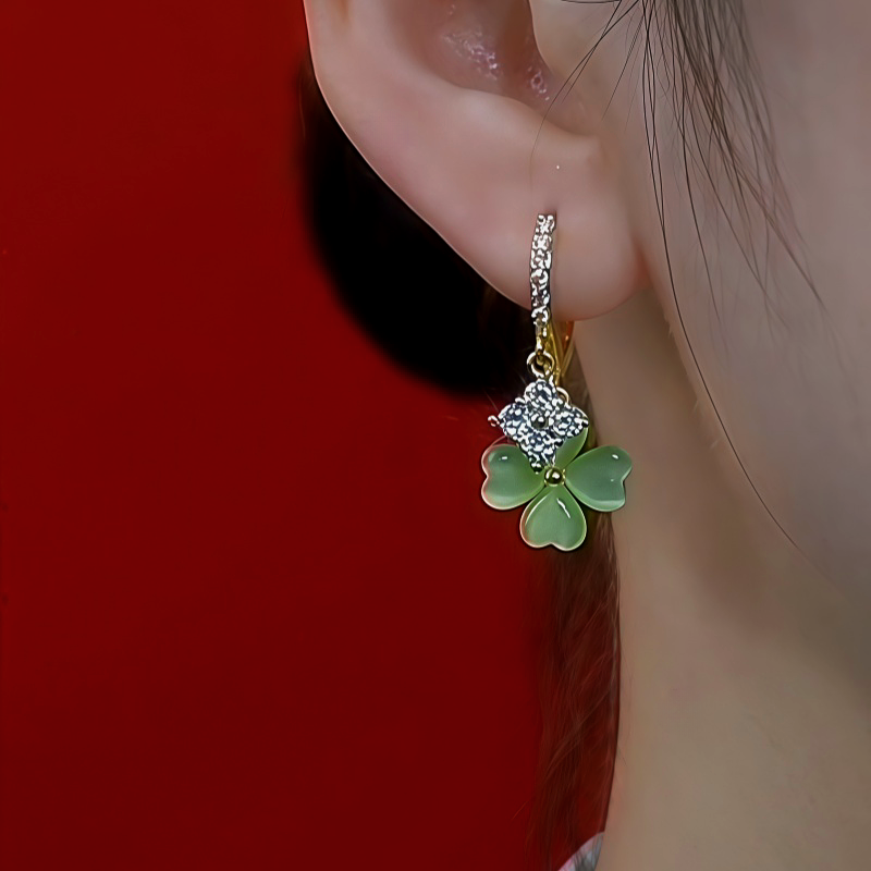 14K Gold-Plated Zircon Cat's Eye Four Leaf Earrings