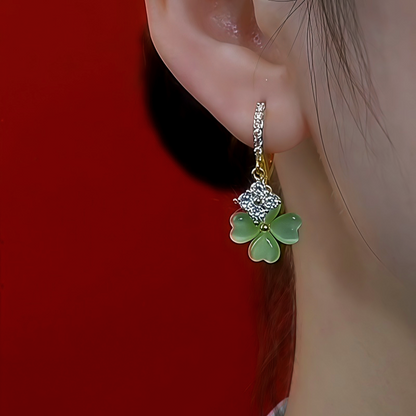 14K Gold-Plated Zircon Cat's Eye Four Leaf Earrings