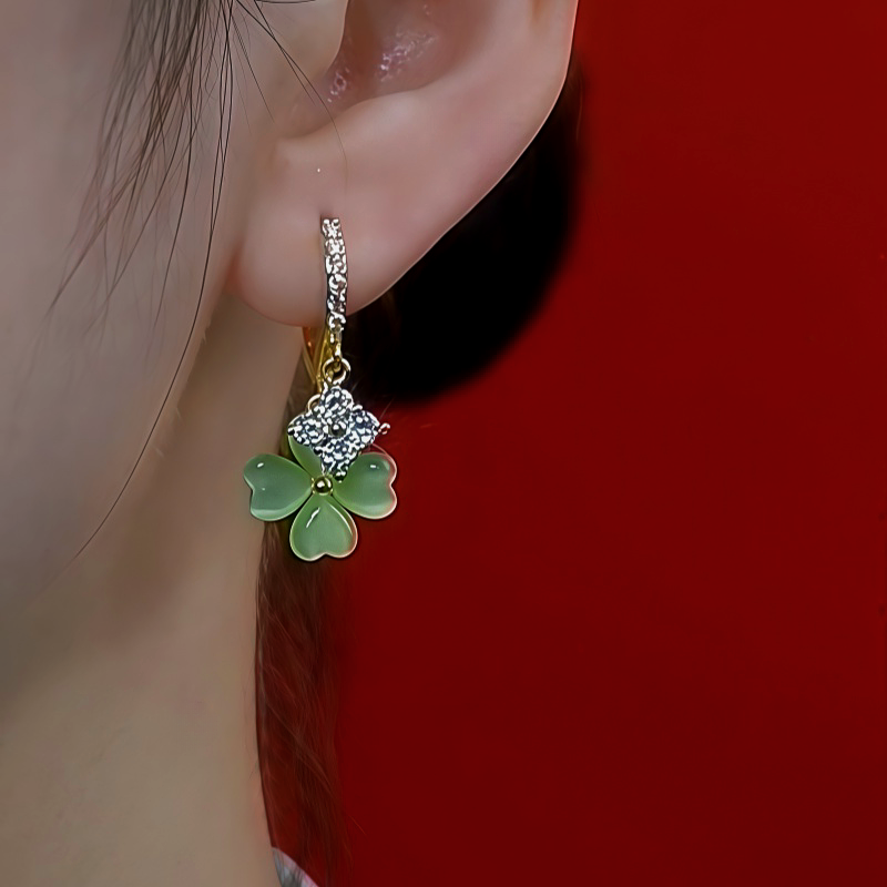 14K Gold-Plated Zircon Cat's Eye Four Leaf Earrings
