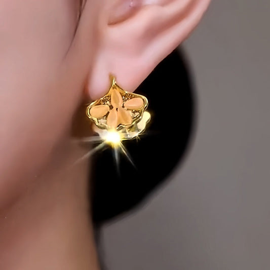 14K Gold-Plated Zircon Cat's Eye Ginkgo Leaf Earrings